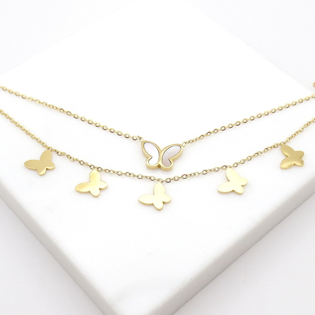 Stainless Steel Double Layer Butterfly Anklet - Gold-Anklet-3-Glitters