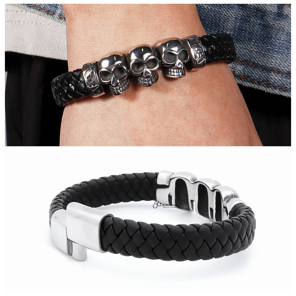 Skull Heads Braided Leather Bracelet-Leather Bracelets-2-Glitters