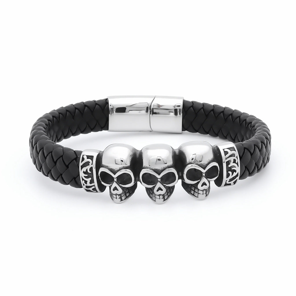 Skull Heads Braided Leather Bracelet-Leather Bracelets-1-Glitters