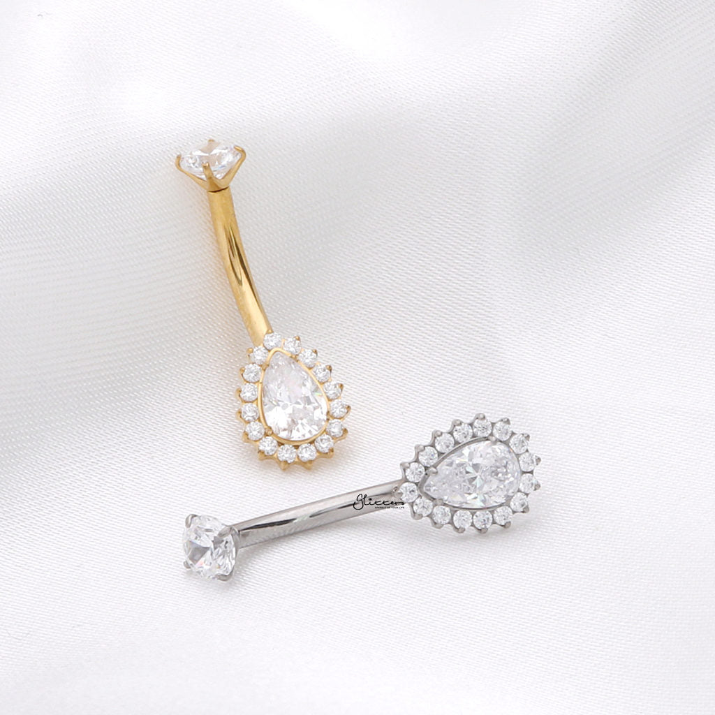 Titanium Teardrop CZ Belly Button Ring with CZ Pave Edge - Gold-Belly Rings-4-Glitters
