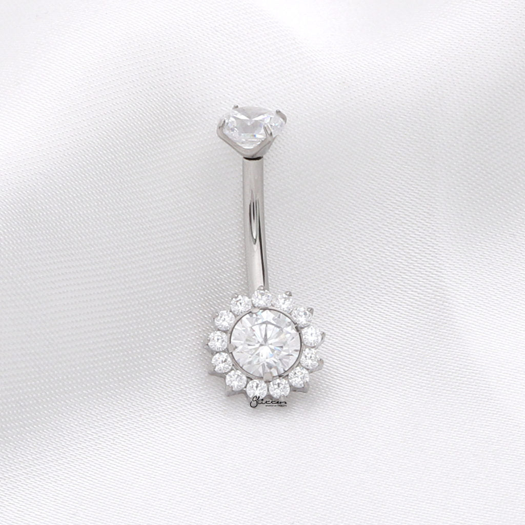 Titanium Round CZ Belly Button Ring with CZ Pave Edge - Silver-Belly Rings-2-Glitters