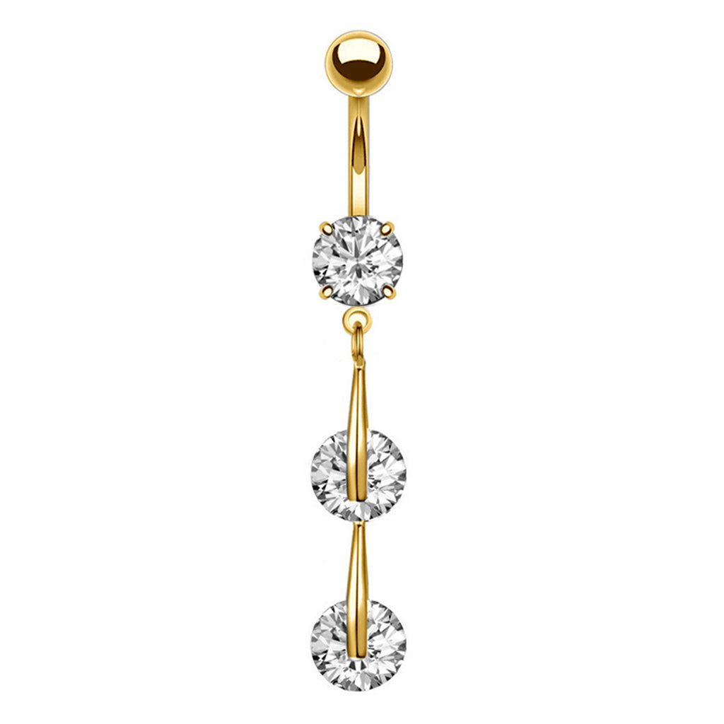 3 Round CZ Vertical Dangle Belly Button Ring - Gold-Belly Rings-1-Glitters