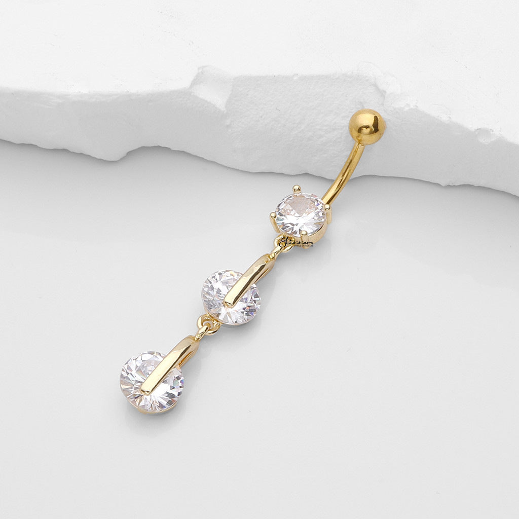 3 Round CZ Vertical Dangle Belly Button Ring - Gold-Belly Rings-2-Glitters