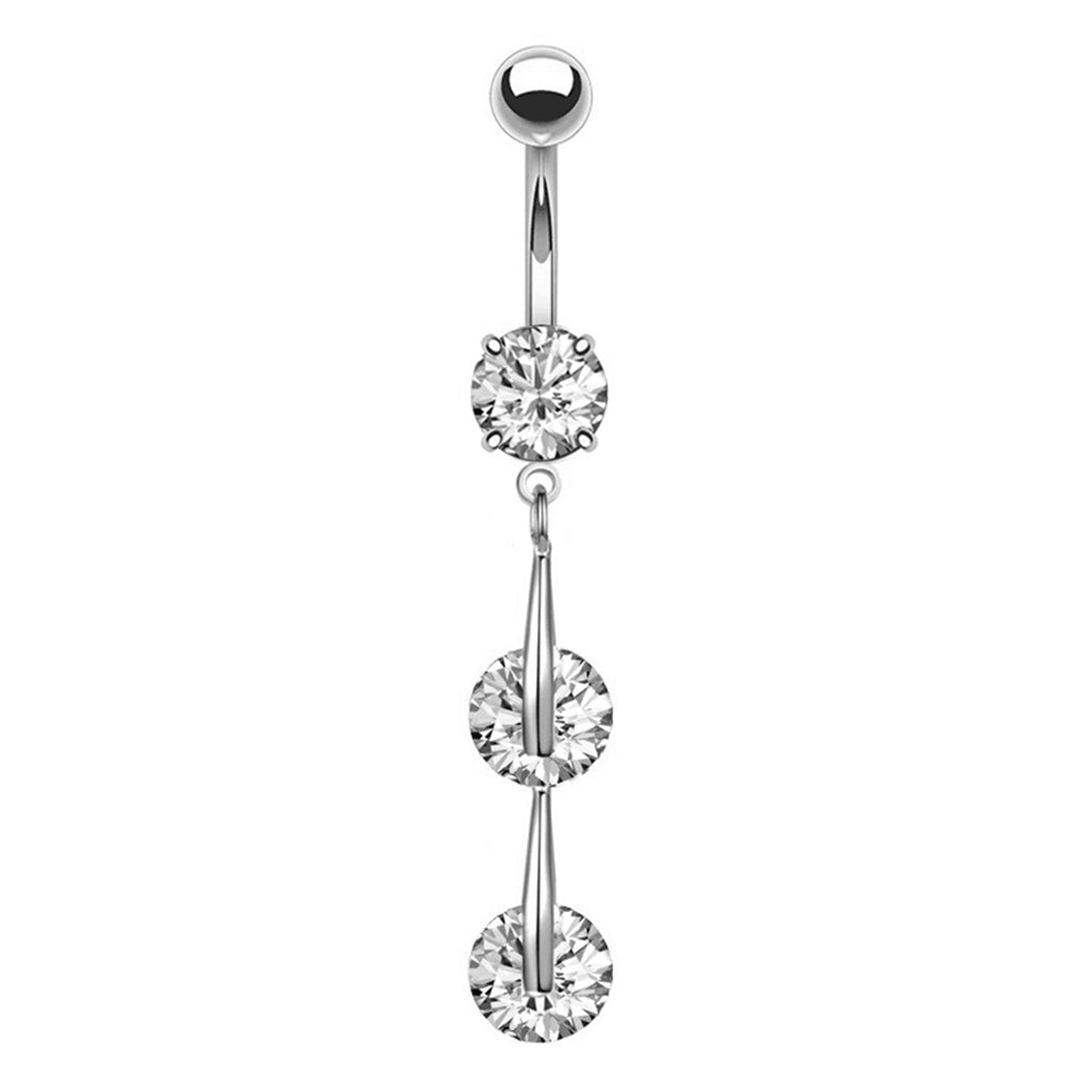 3 Round CZ Vertical Dangle Belly Button Ring - Silver-Belly Rings-1-Glitters