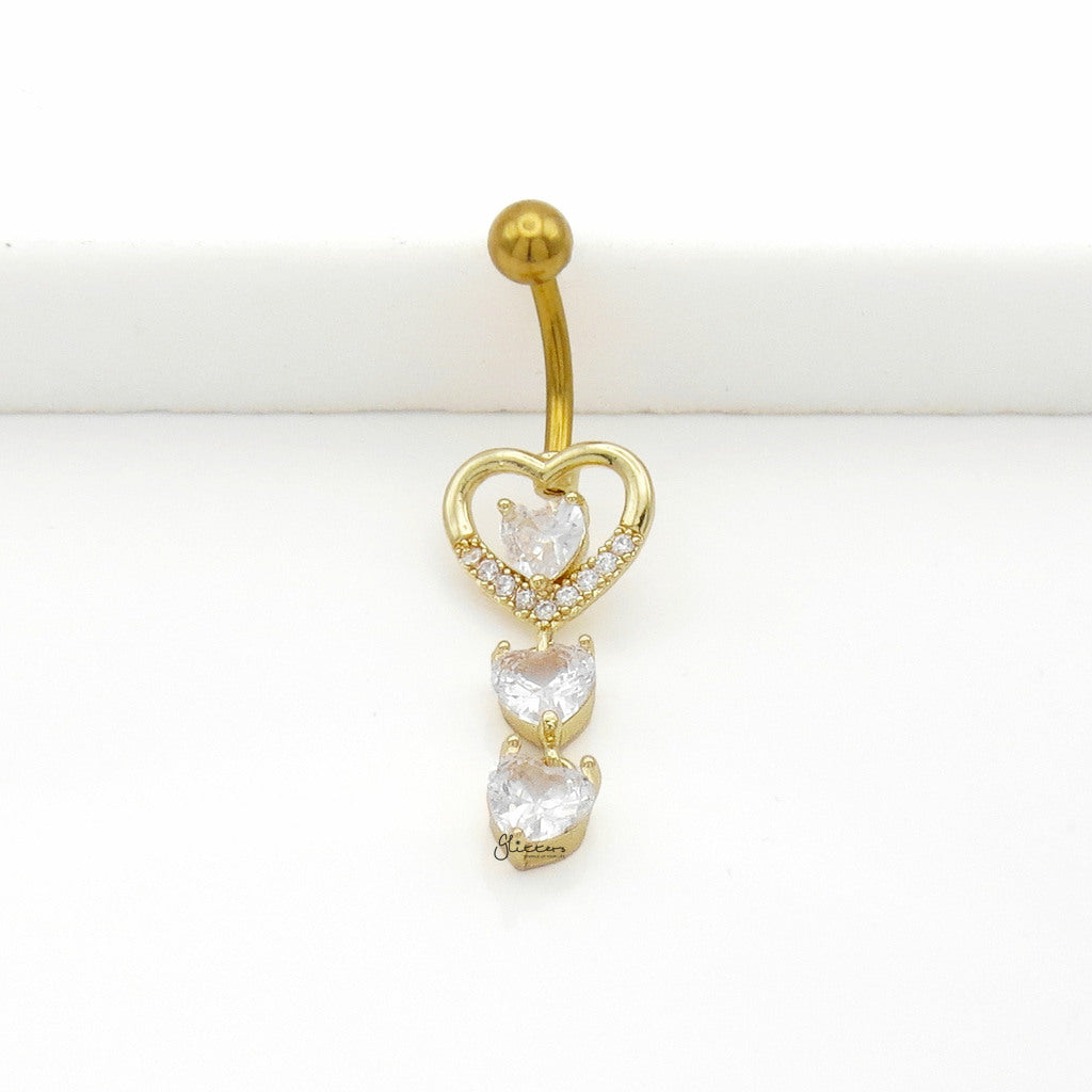 Triple CZ Heart Dangle Belly Button Navel Ring - Gold-Belly Rings-2-Glitters