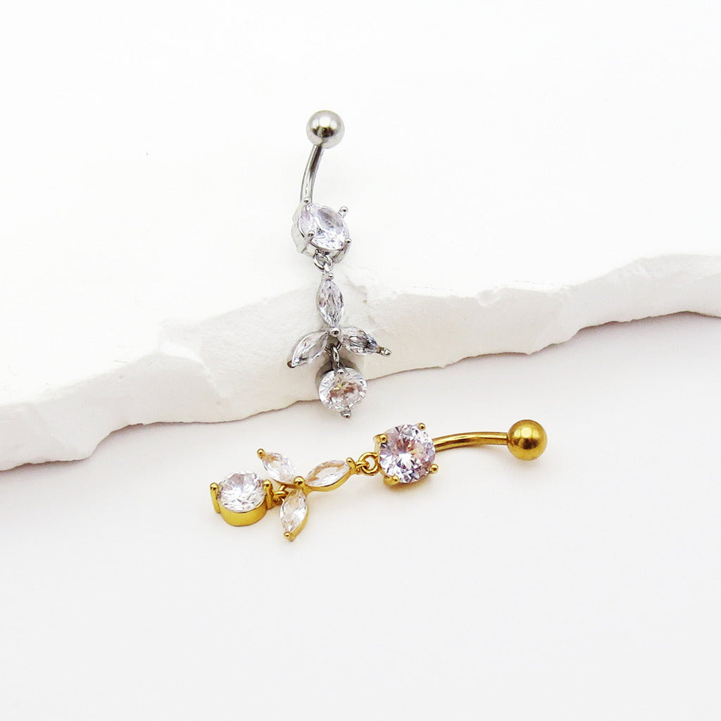 Marquise CZ Flower & Round CZ Dangle Belly Button Navel Ring-Belly Rings-3-Glitters