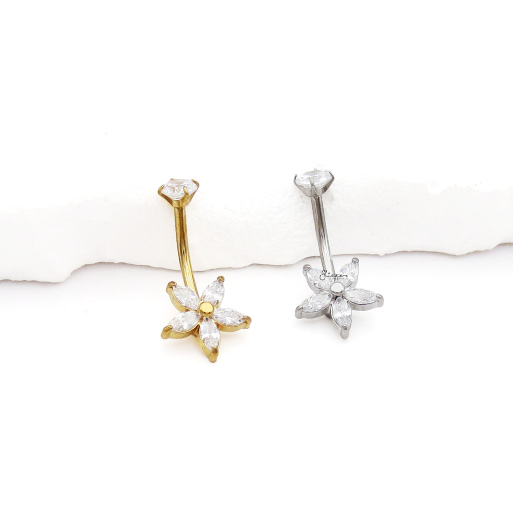Marquise CZ Flower Belly Button Navel Ring - Gold
