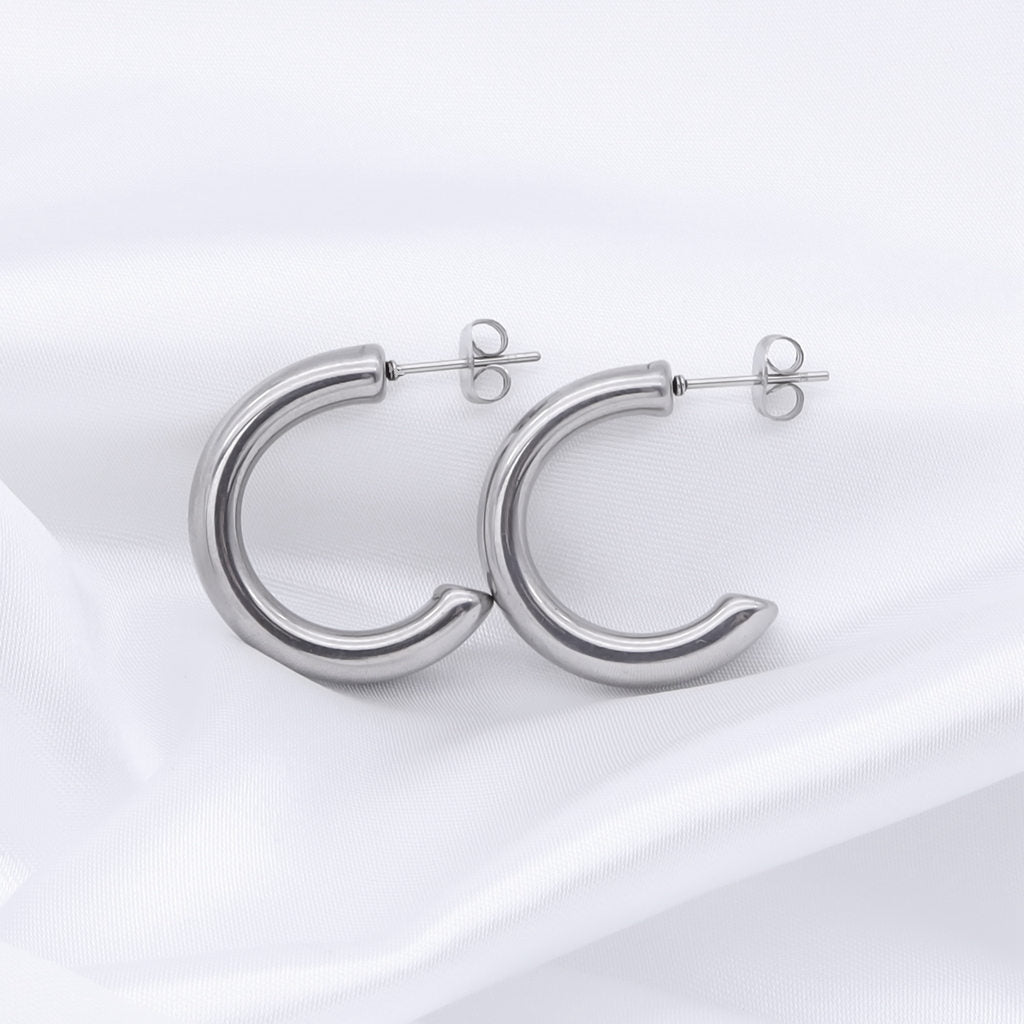 Fashion TT 7mm Stainless Steel Thick Hoop Earrings - Nickel-Free, Choose Black/Silver/Gold (EH108)