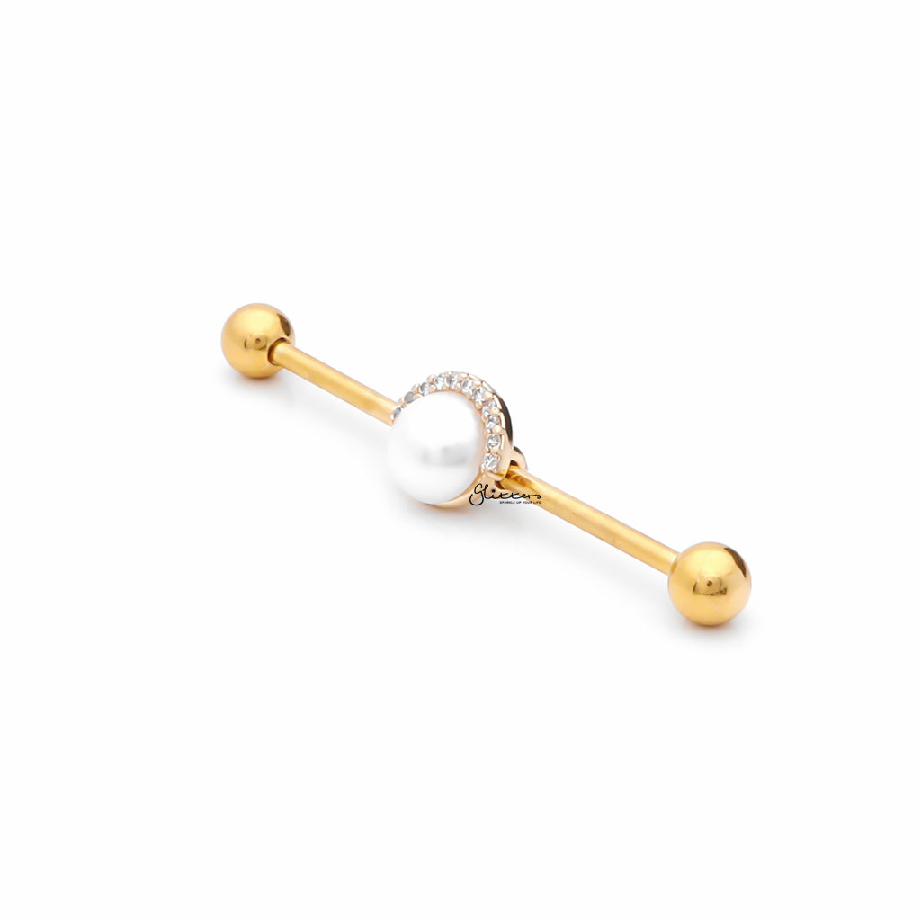 Pearl and Half CZ Rim Edge Industrial Barbell - Gold-Industrial Barbells-2-Glitters