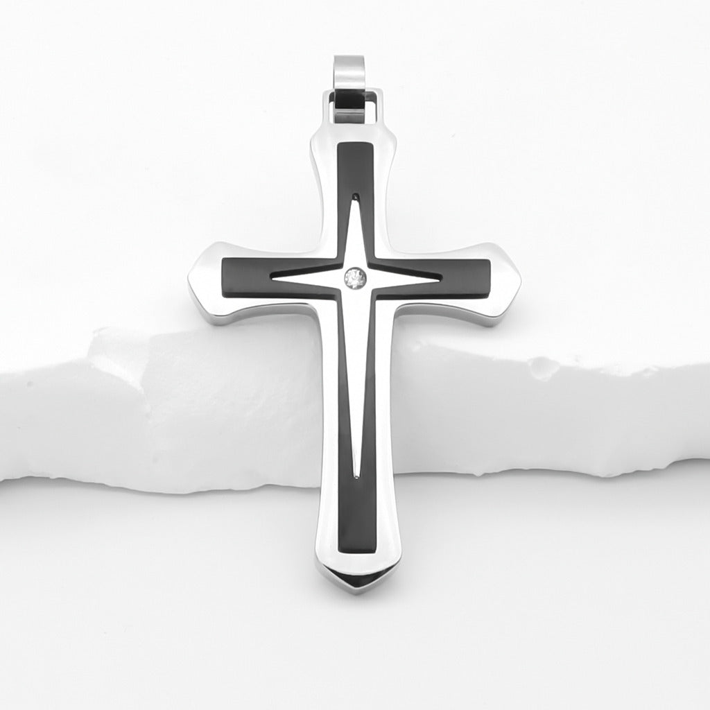 Double Layer Two-Tone Cross Pendant - Silver-Pendants-1-Glitters