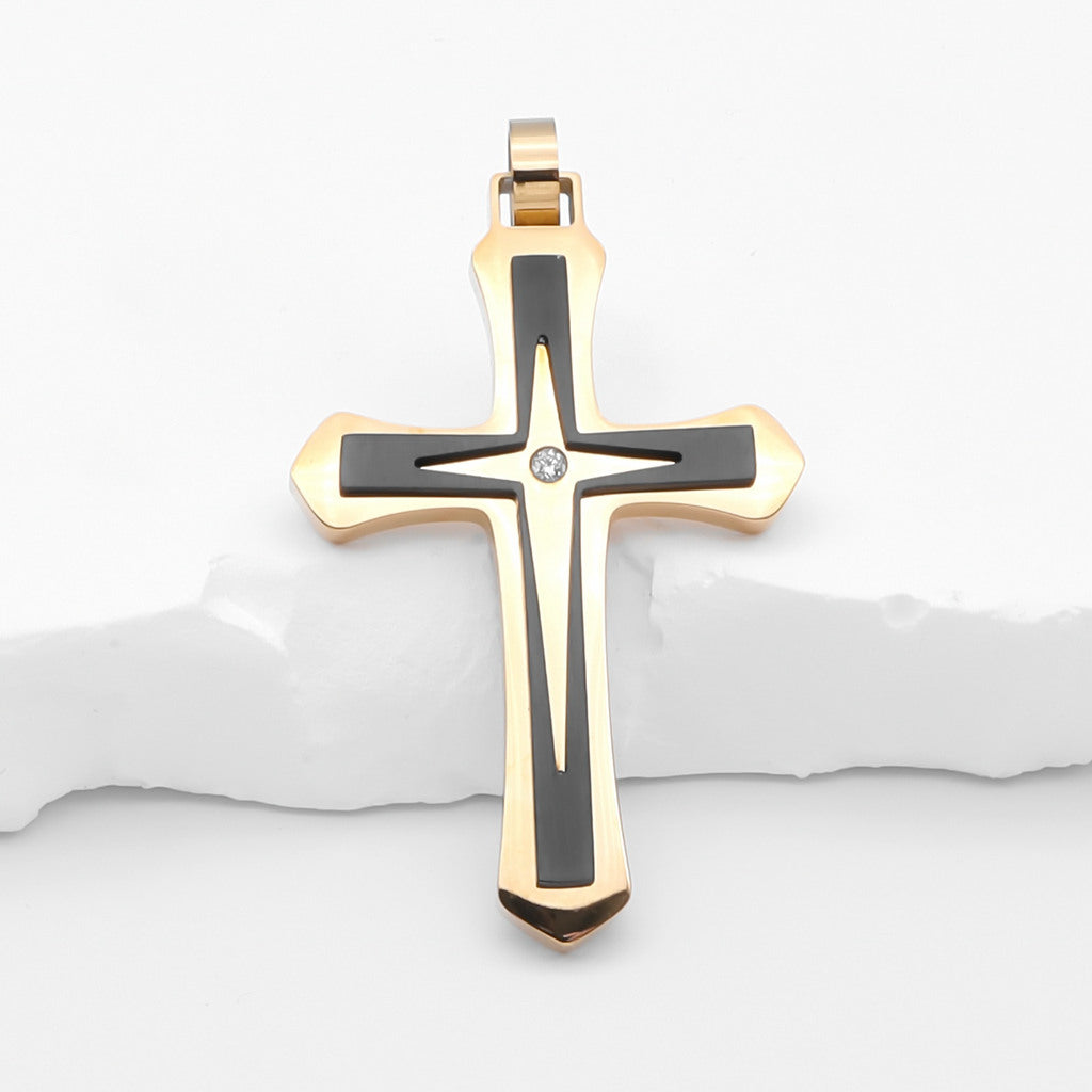 Double Layer Two-Tone Cross Pendant - Gold-Pendants-1-Glitters