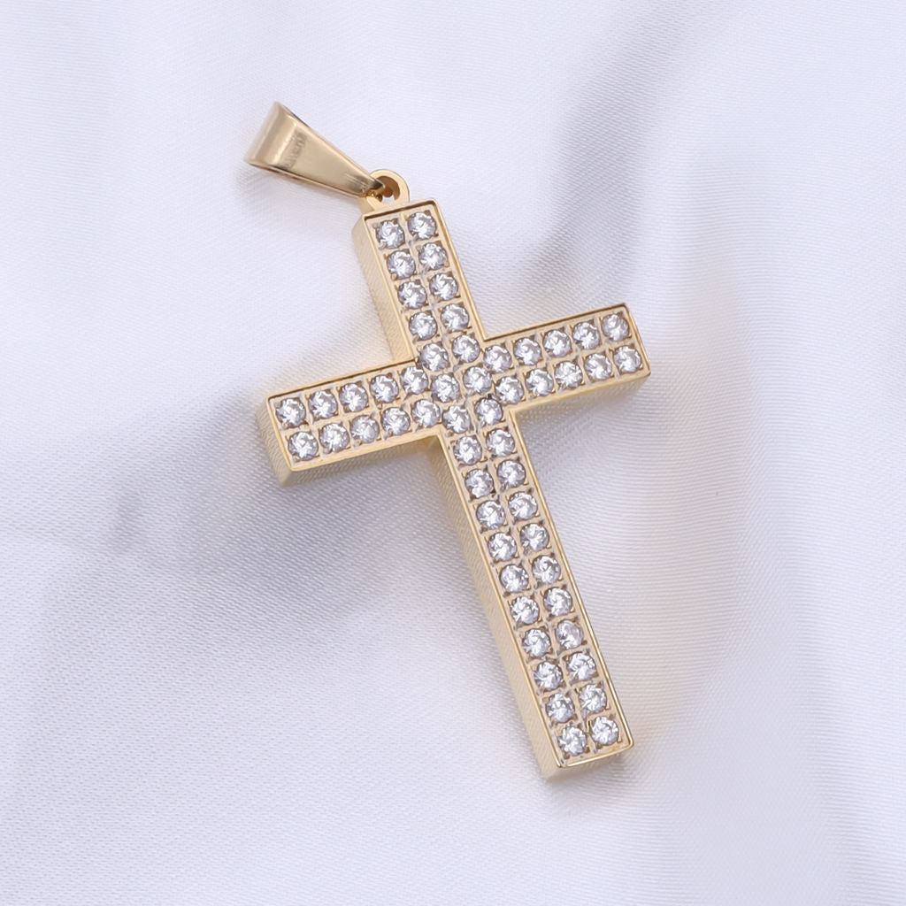 CZ Paved Stainless Steel Cross Pendant - Gold-Pendants-3-Glitters