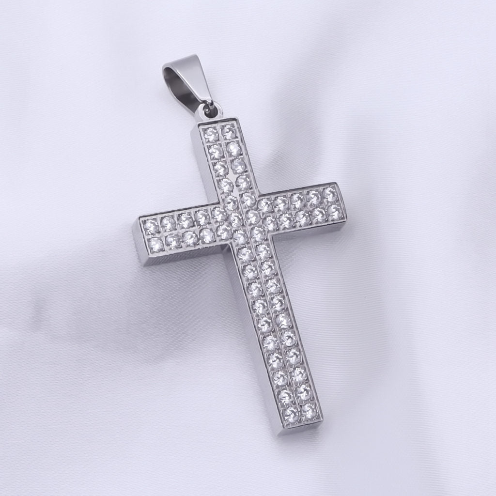 CZ Paved Stainless Steel Cross Pendant - Silver-Pendants-2-Glitters