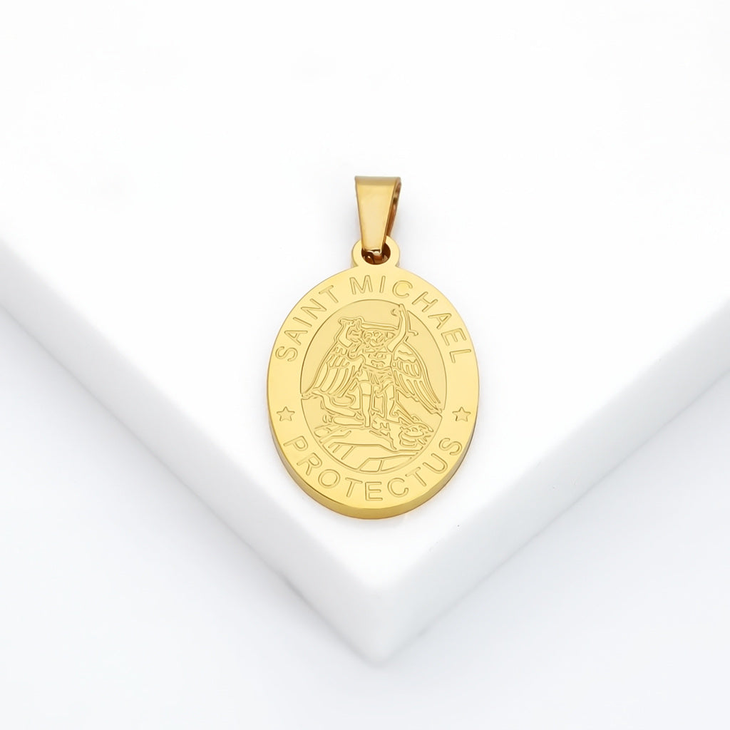Stainless Steel St. Michael Oval Shape Pendant - Gold-Pendants-1-Glitters
