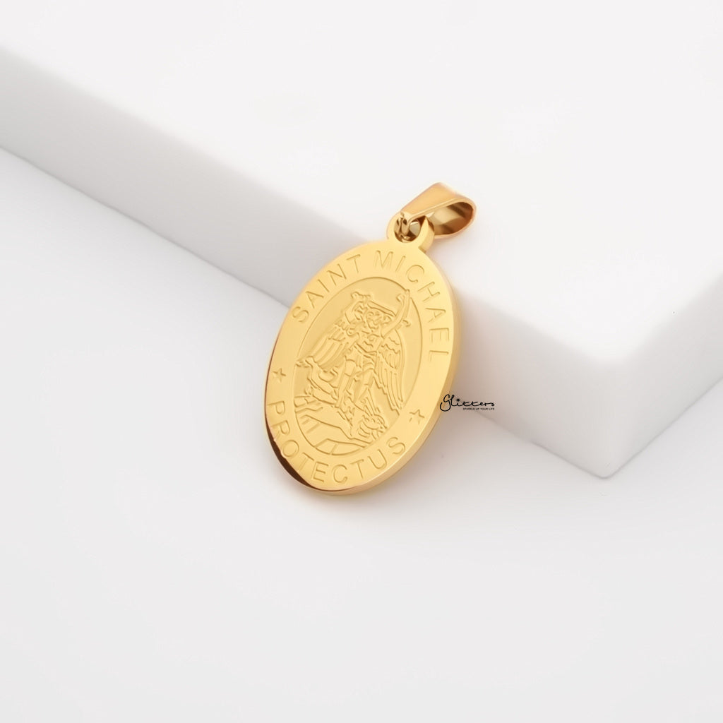 Stainless Steel St. Michael Oval Shape Pendant - Gold-Pendants-2-Glitters