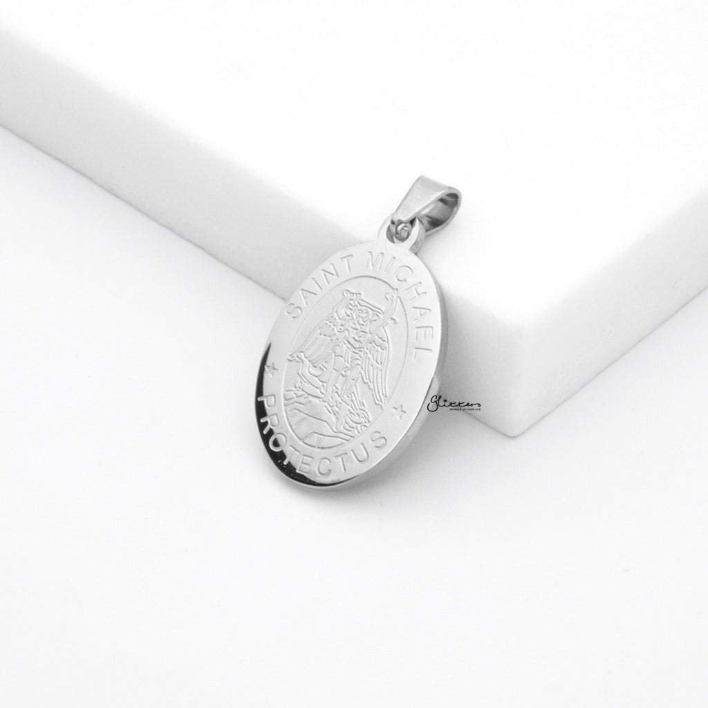 Stainless Steel St. Michael Oval Shape Pendant - Silver-Pendants-2-Glitters
