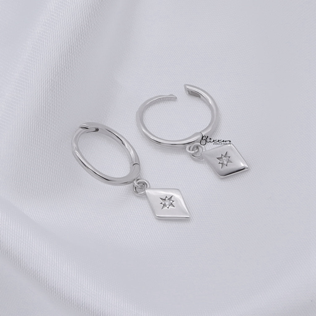 Sterling Silver Rhombus Charm Huggie Hoop Earrings - Silver-Hoop Earrings-4-Glitters
