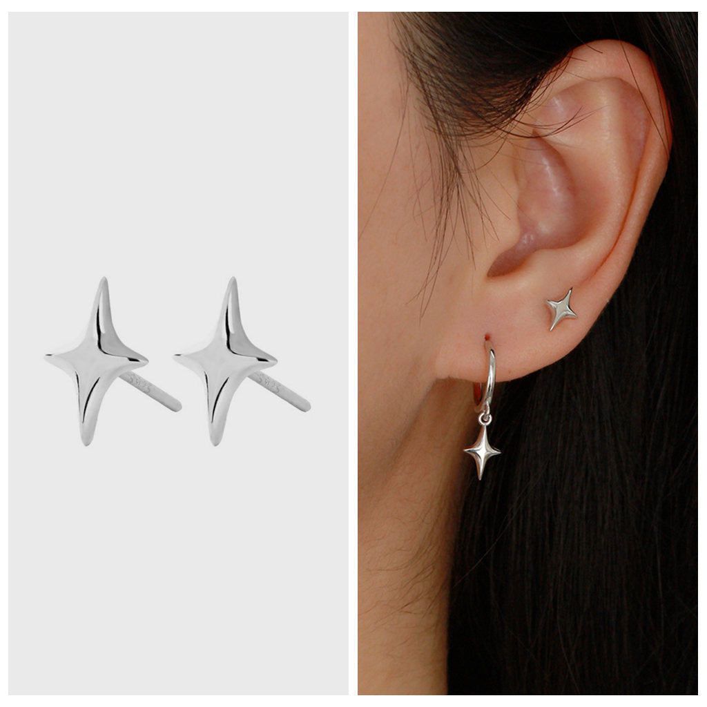 Sterling Silver 3D Star Stud Earrings - Silver-Stud Earrings-2-Glitters