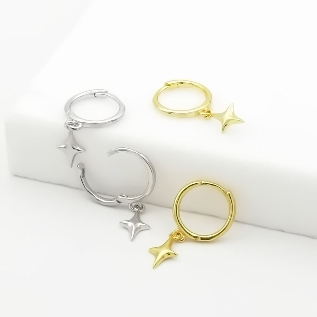 3D Star Charm Sterling Silver Hoop Earrings - Gold-Hoop Earrings-3-Glitters