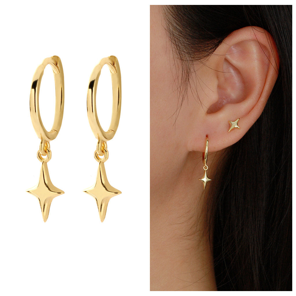 3D Star Charm Sterling Silver Hoop Earrings - Gold-Hoop Earrings-2-Glitters