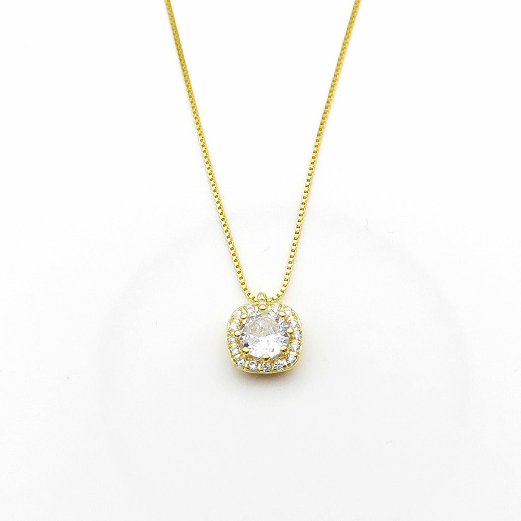 Sterling Silver Cushion Halo CZ Pendant Necklace - Gold-Sterling Silver Necklaces-1-Glitters