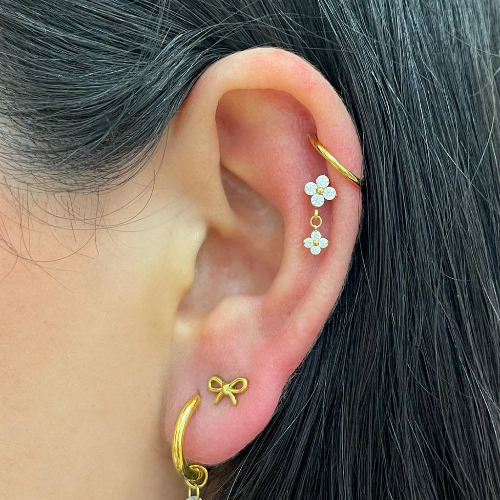 Double CZ Flower Dangle Titanium Flat Back Stud Earrings-Tragus | Cartilage | Daith | Conch-6-Glitters