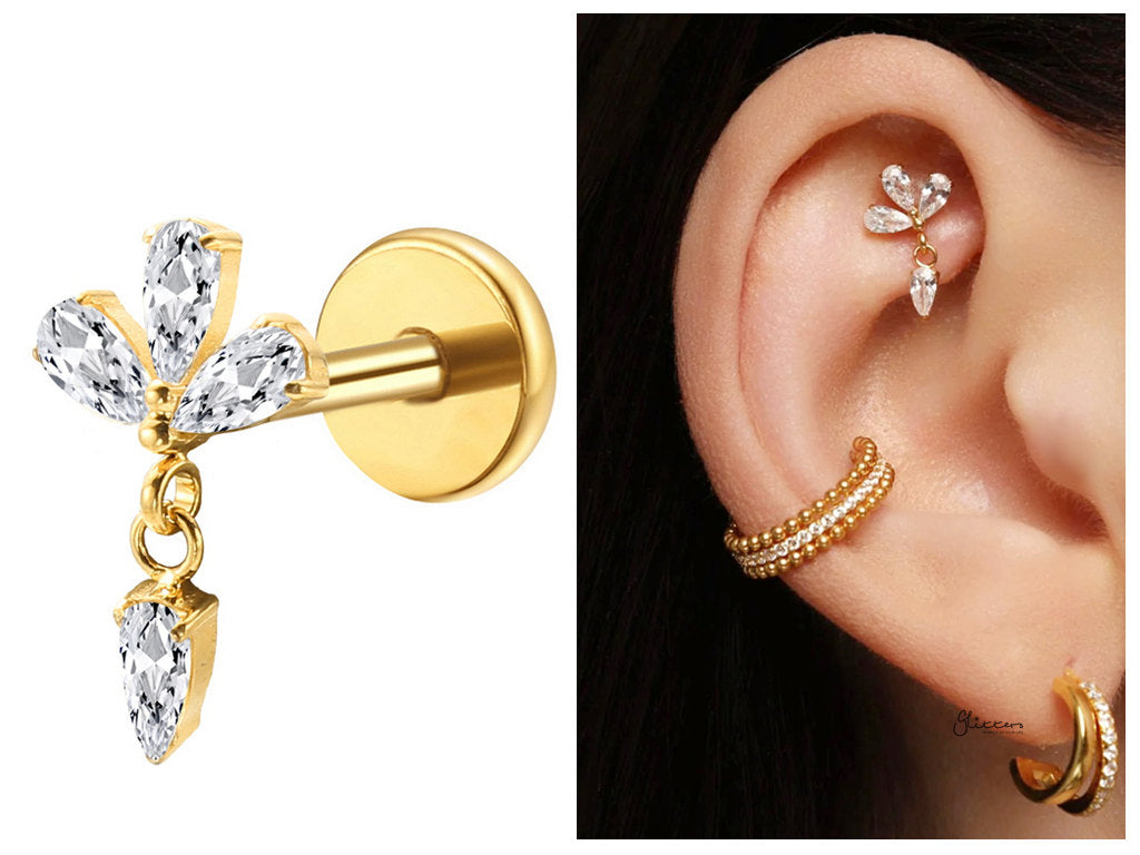 Flower with Dangling Teardrop CZ Titanium Flat Back Stud Earrings-Tragus | Cartilage | Daith | Conch-6-Glitters