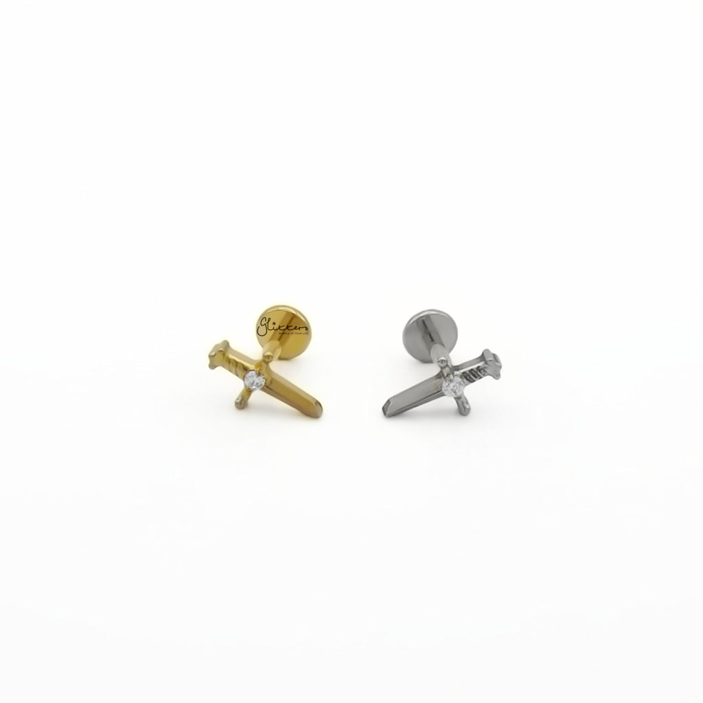 Sword with CZ Titanium Flat Back Stud Earrings