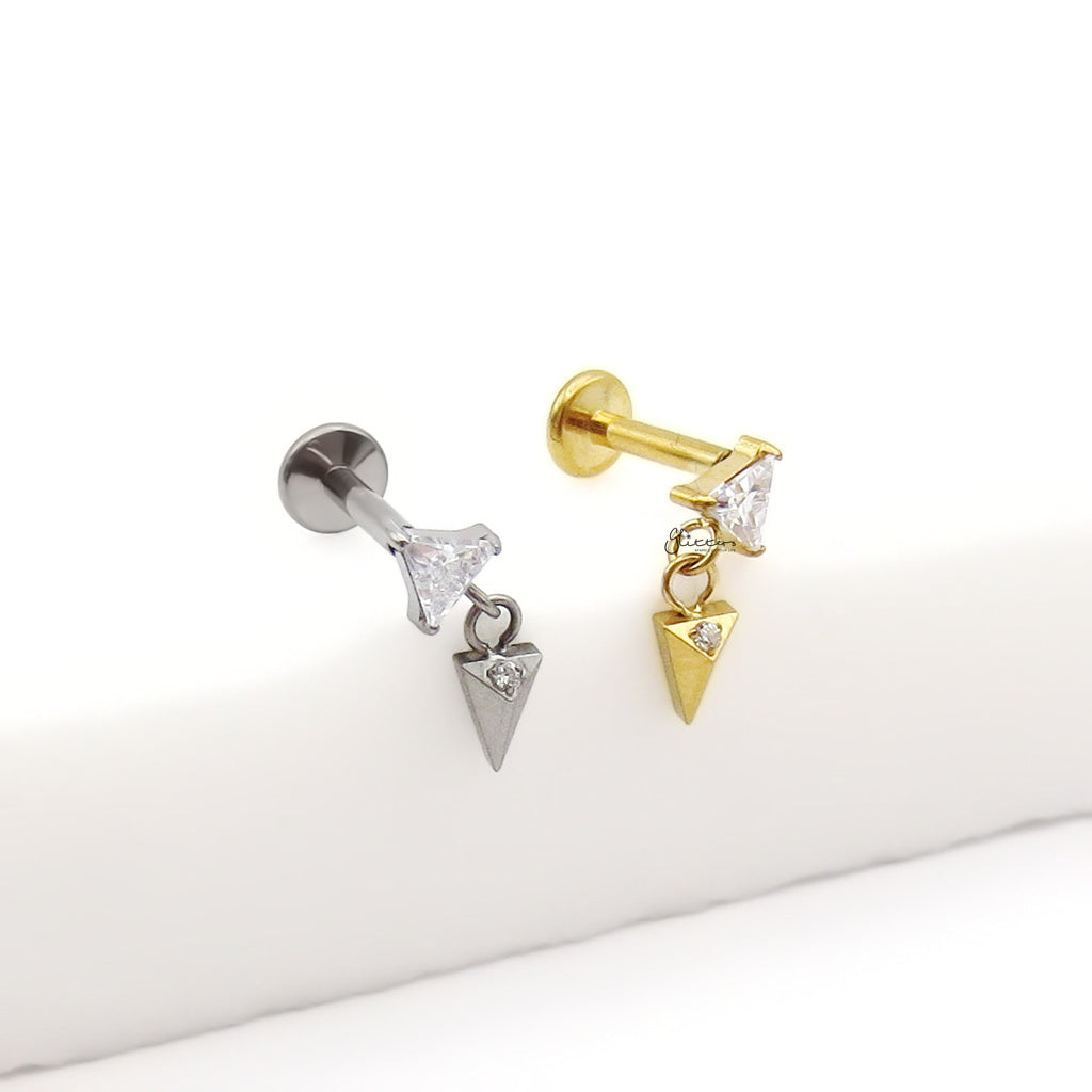 Dangle Triangle CZ Titanium Flat Back Stud Earring-Tragus | Cartilage | Daith | Conch-4-Glitters