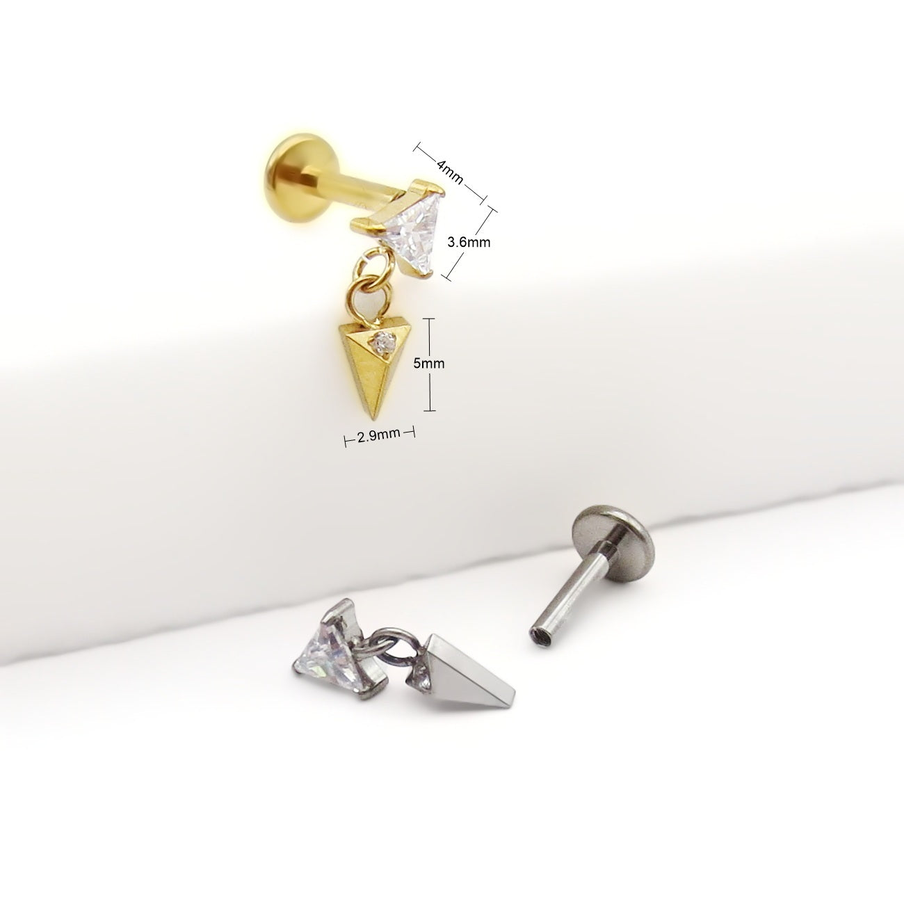 Dangle Triangle CZ Titanium Flat Back Stud Earring-Tragus | Cartilage | Daith | Conch-3-Glitters