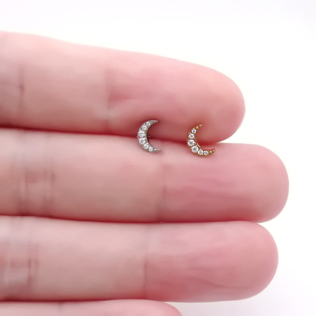 C.Z Crescent Moon Titanium Flat Back Stud Earring