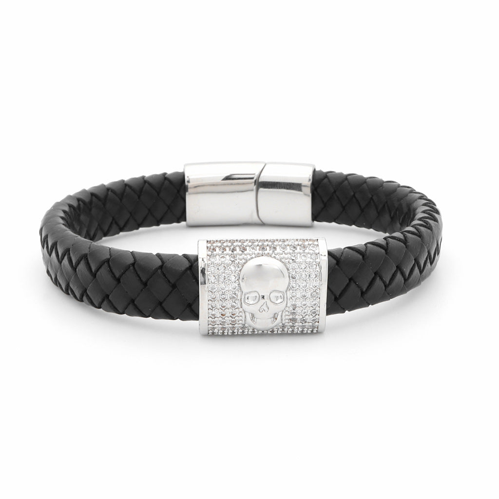 CZ Paved Skull Braided Leather Bracelet Glitters