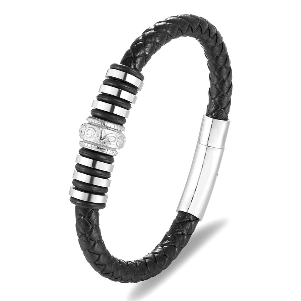 Single-Band Braided Leather Bracelet with Patterned Steel Accents-Leather Bracelets-1-Glitters
