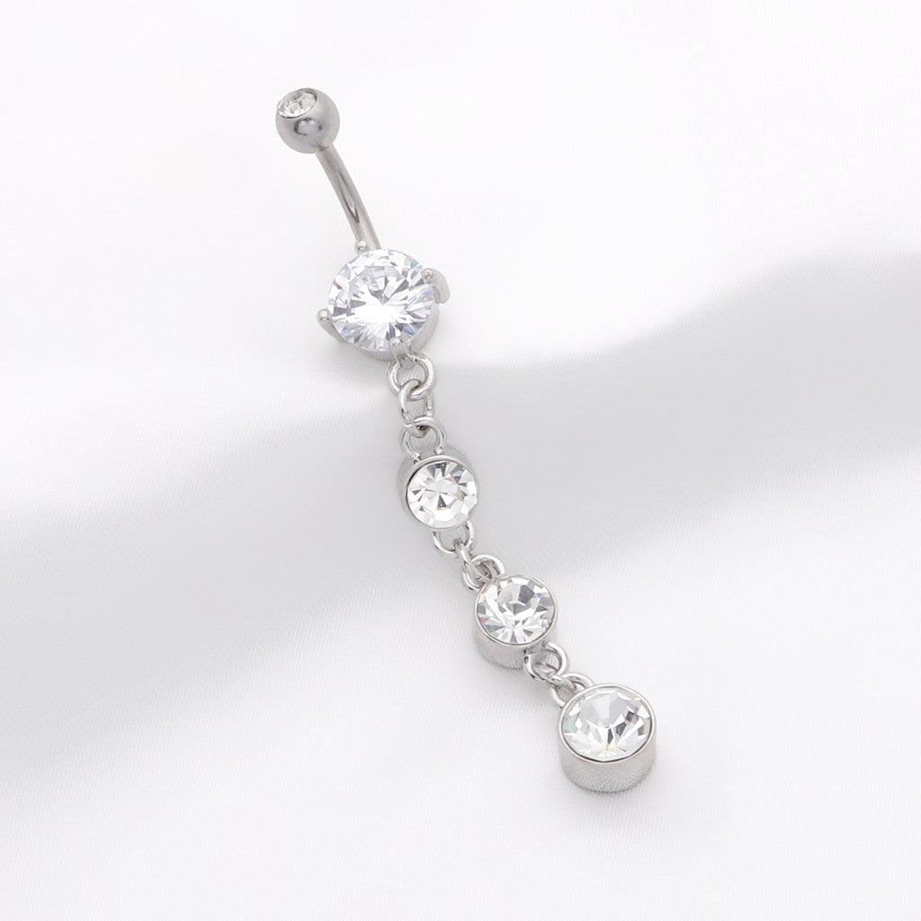 4 Round CZ Vertical Dangle Belly Button Ring-Belly Rings-3-Glitters