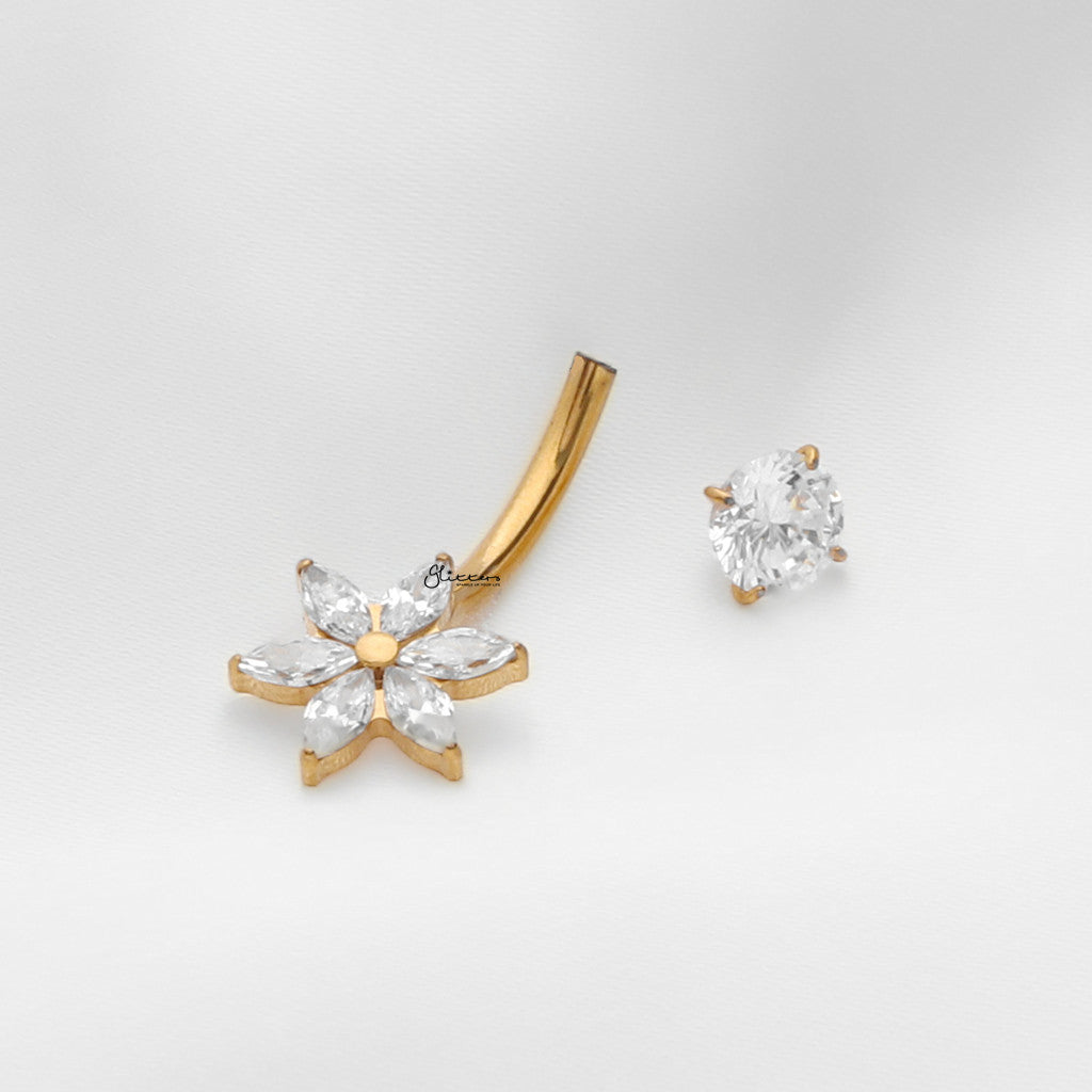 Marquise CZ Flower Titanium Belly Button Ring - Gold-Belly Rings-2-Glitters