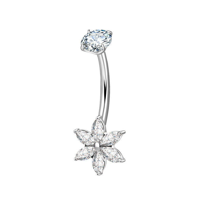 Marquise CZ Flower Titanium Belly Button Ring - Silver-Belly Rings-1-Glitters
