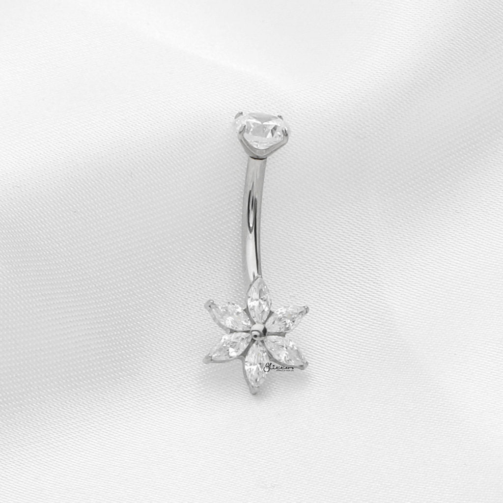 Marquise CZ Flower Titanium Belly Button Ring - Silver-Belly Rings-3-Glitters