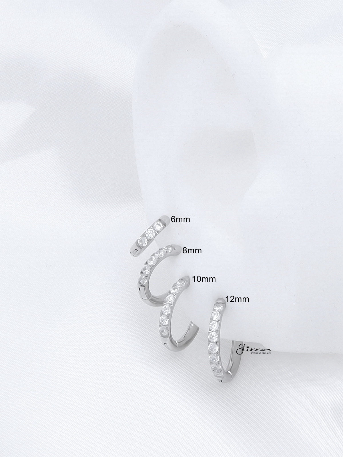 Stainless Steel Round CZ Huggie Hoop Earrings - Silver-Hoop Earrings-2-Glitters