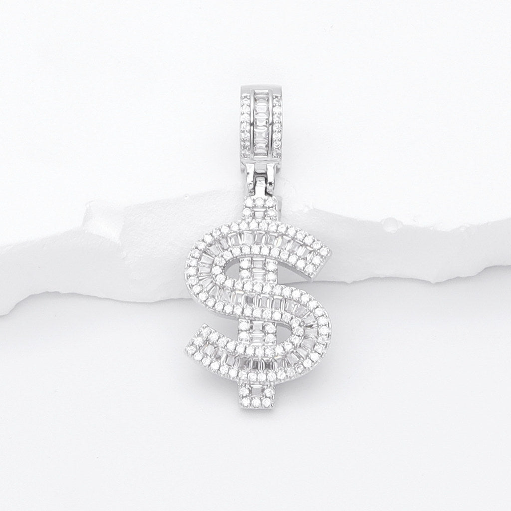 Iced Out Dollar Sign Pendant - Silver-Ice Out Pendants-1-Glitters