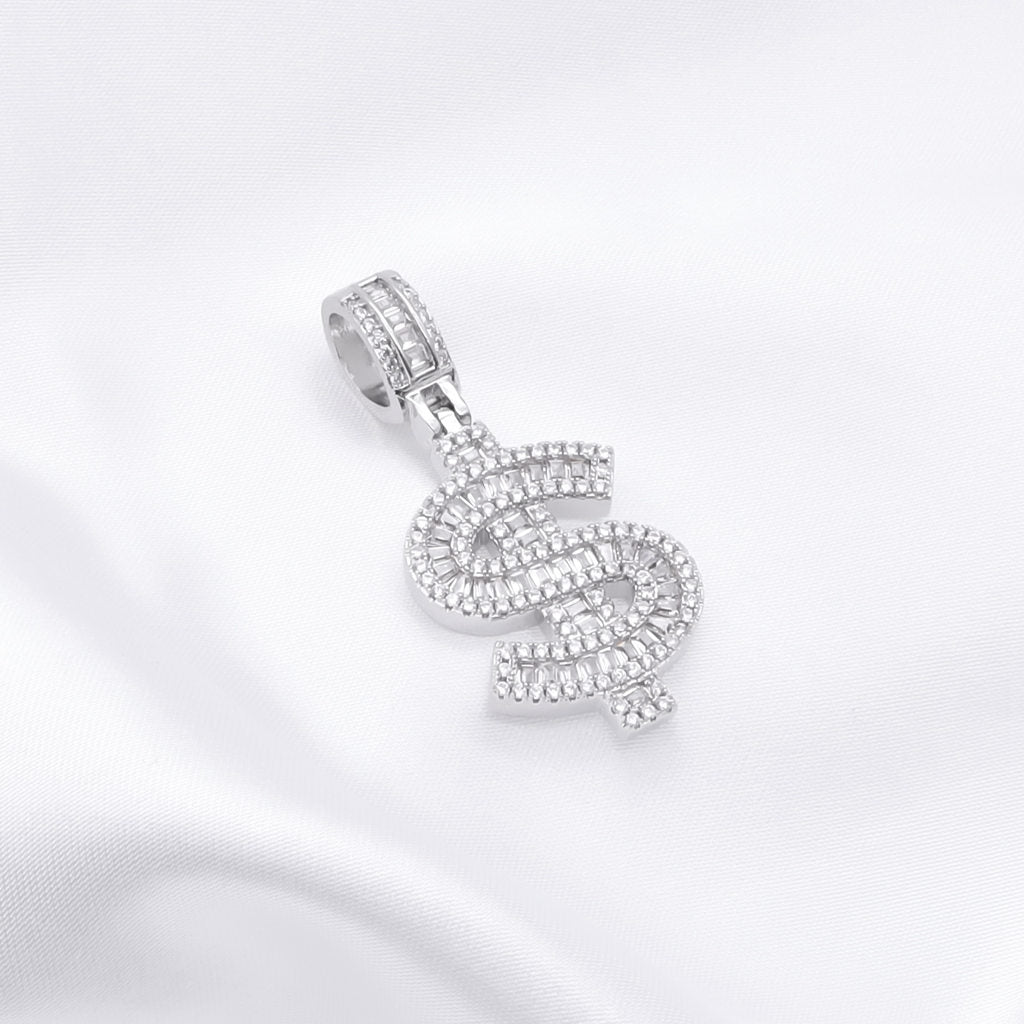 Iced Out Dollar Sign Pendant - Silver-Ice Out Pendants-2-Glitters