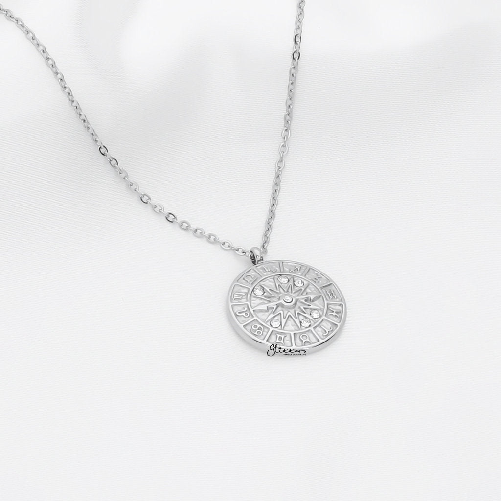 Zodiac Dial Pendant Stainless Steel Necklace - Silver-Stainless Steel Chains-2-Glitters