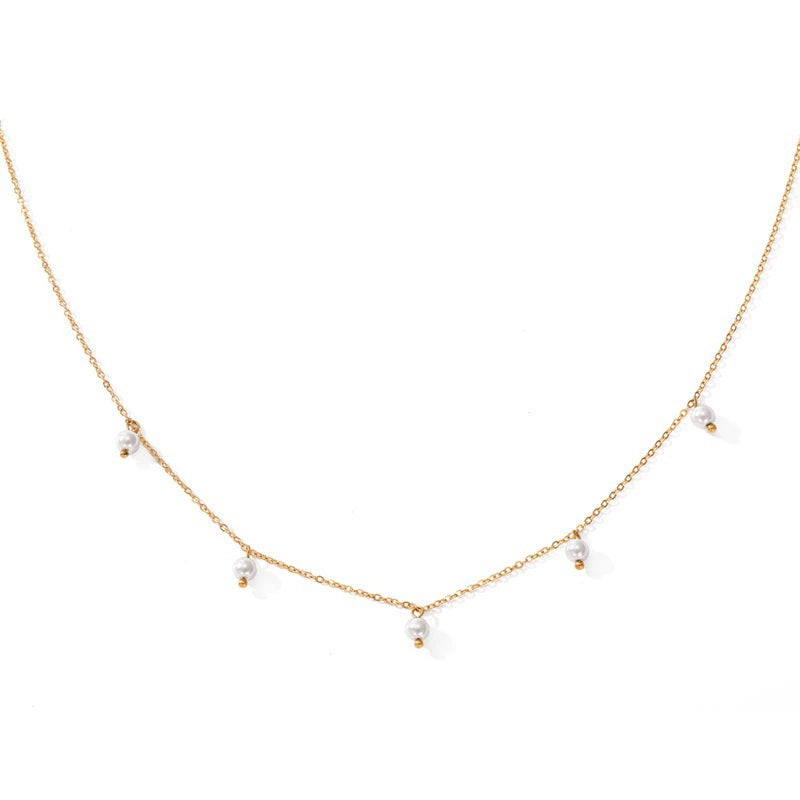 Stainless Steel Necklace with 5 Pearl Charms - Gold-Necklaces-1-Glitters
