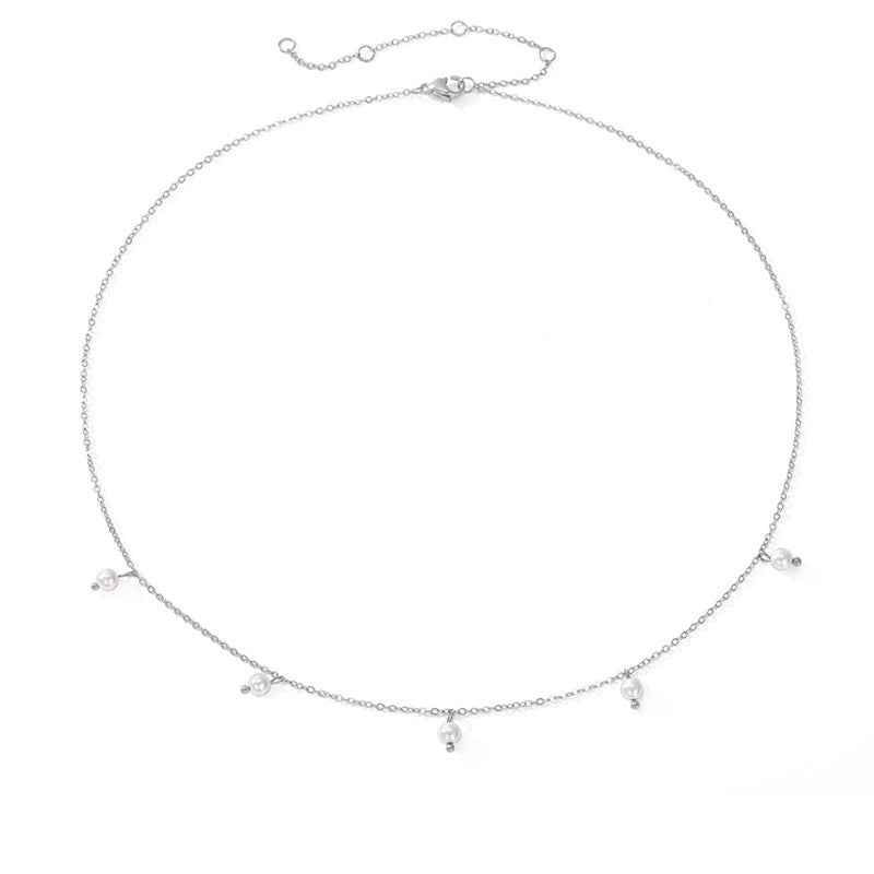 Stainless Steel Necklace with 5 Pearl Charms - Silver-Necklaces-2-Glitters