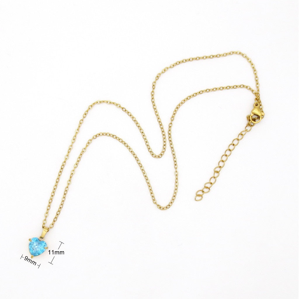 Stainless Steel Heart Cut CZ Pendant Necklace - Aqua