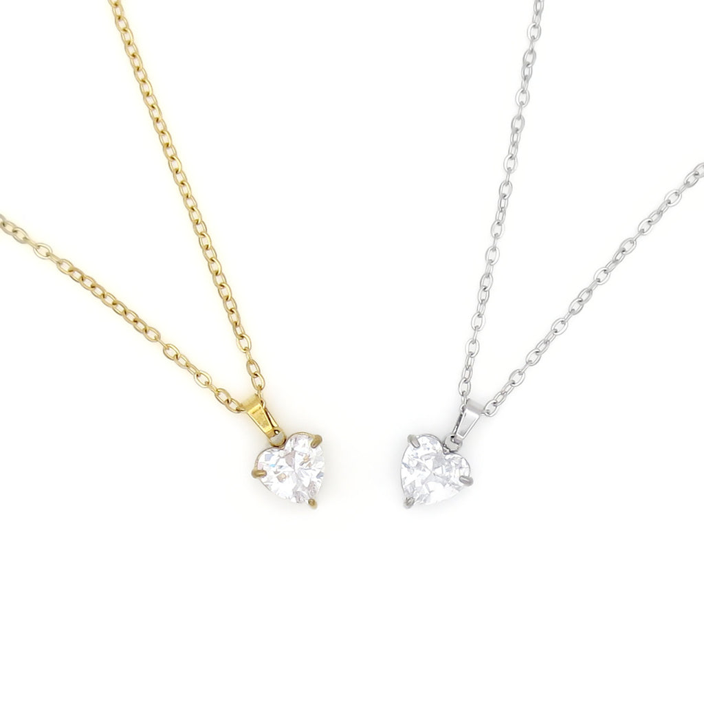 Stainless Steel Heart Cut CZ Pendant Necklace - Clear