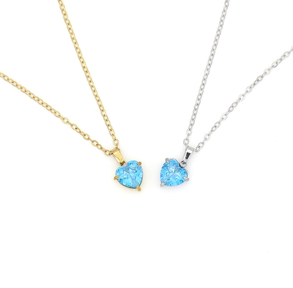 Stainless Steel Heart Cut CZ Pendant Necklace - Aqua