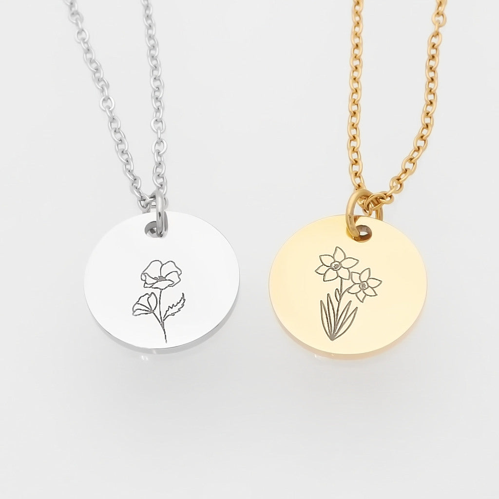 Personalised Birth Flower Round Disc Necklace I Glitters