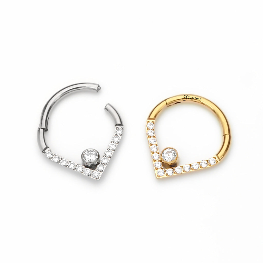 Titanium CZ Paved Chevron Segment Hoop Ring with CZ Center - Gold-Septum Rings-2-Glitters