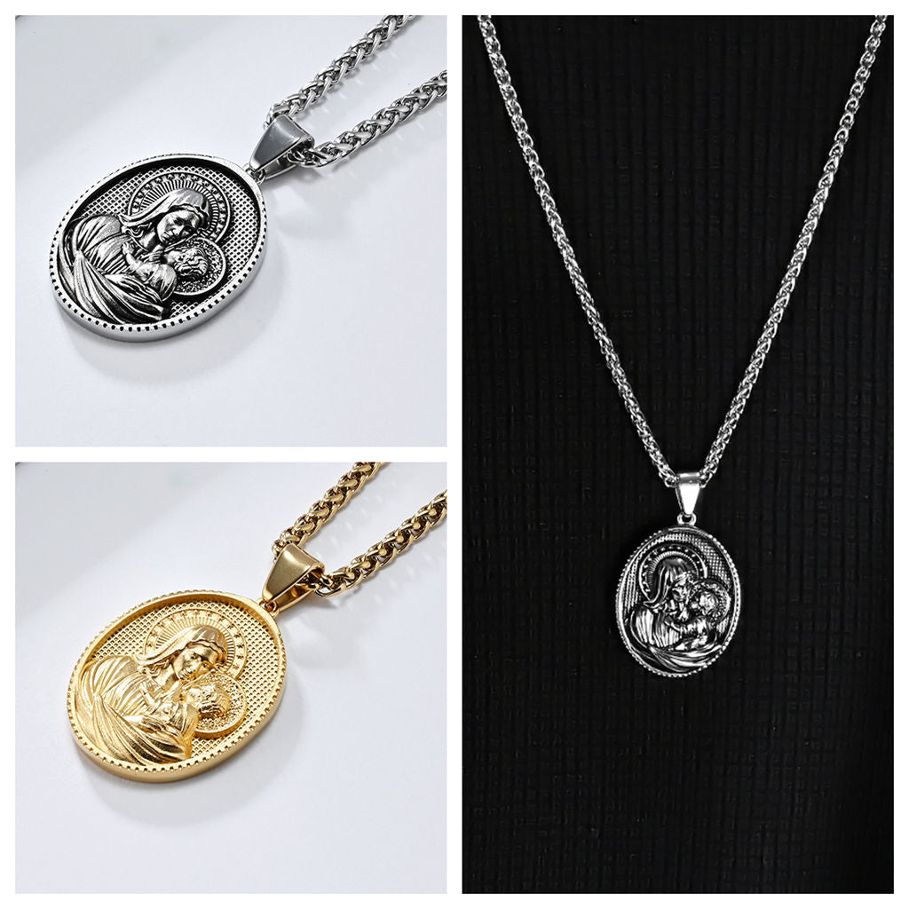 Stainless Steel Virgin Mary and Child Jesus Pendant - Gold-Pendants-4-Glitters