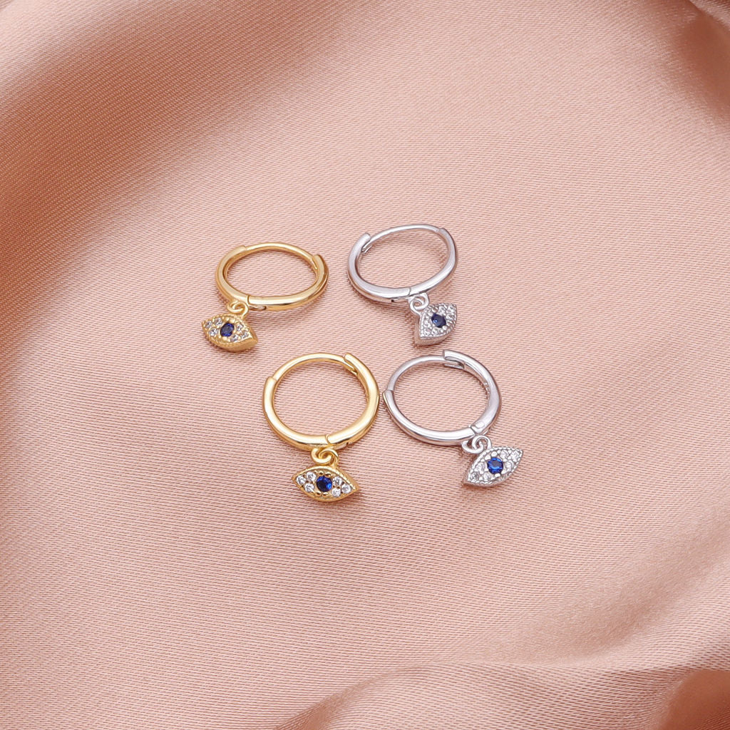 Sterling Silver Evil Eye Charm Huggie Hoop Earrings - Gold-Hoop Earrings-2-Glitters